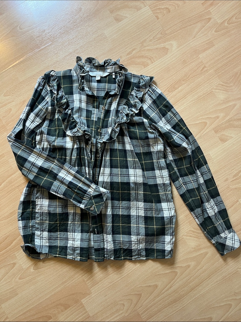 Barbour Women’s Ruffled Plaid Button-Up Top in Green, Tan, and Gold